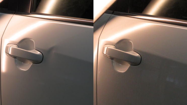 Chevrolet Cruze door dent repair before and after at Bailey’s Auto Body